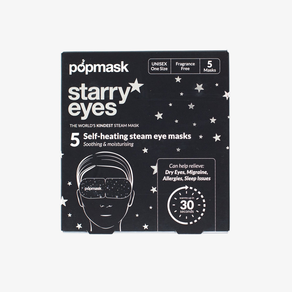 Box of popmask starry eyes self-heating steam eye masks on a white background