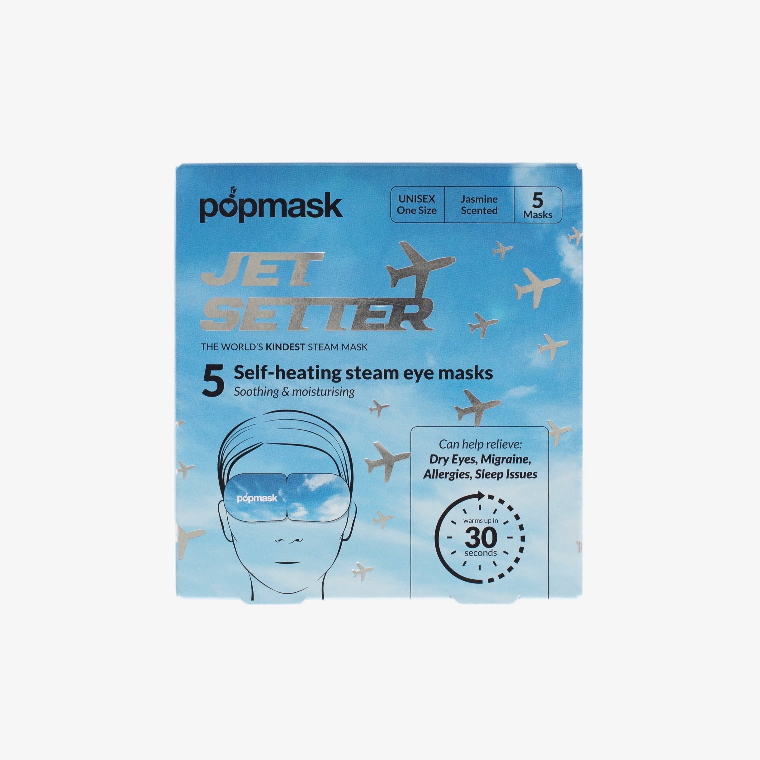Box of popmask Jet Setter self-heating steam eye masks on a white background