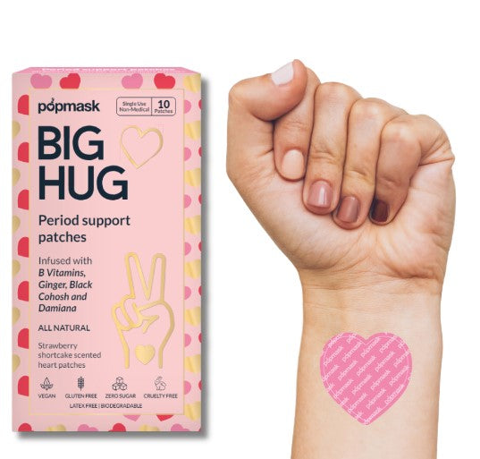 Big Hug Vitamin Period Support Topical Patches – 10 Pack, Heart-Shaped, Strawberry Scented – Enriched with B Vitamins, Ginger, Black Cohosh & Damiana for Menstrual Relief